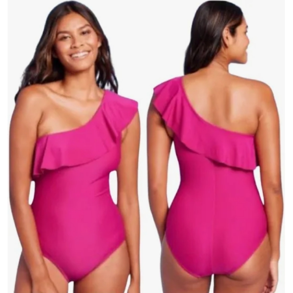 Kona Sol Woman's Swim Ruffle One Shoulder Full Coverage One Piece. Size 16